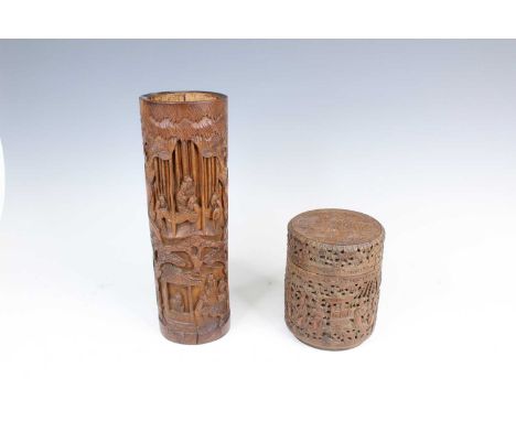 Two Chinese bamboo carved vessels, late 19th to early 20th century, Including a tall brush pot carved with a depiction of the