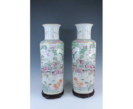 A pair of large Chinese famille rose “figural” vases, in Yongzheng style but early 20th century, delicately painted on the bo
