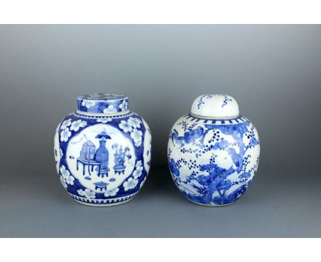 Two Chinese blue and white jars with covers, Qing Dynasty, 19th century. One painted with archaistic vessels within four pane