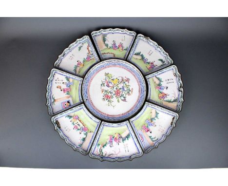 A set of Chinese Canton enamel Hors d’Oeuvres serving dishes, Qing Dynasty 19th century. Comprising eight side dishes, each d