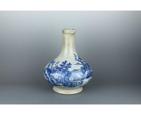 A large Chinese ge type bottle vase with blue and white decorations, Qing Dynasty, Qianlong mark, 18th to 19th century. The b