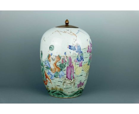 A Chinese famille rose ’Eight Immortals’ ovoid vase, Qing Dynasty, late 19th century, brightly painted in polychrome enamels 