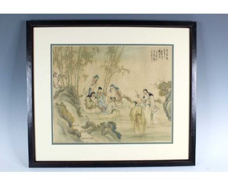 A Chinese framed ‘figural’ painting on silk by Yang Borun (1837-1911), Depicting the “Seven Sages of the Bamboo Grove”. Ink a