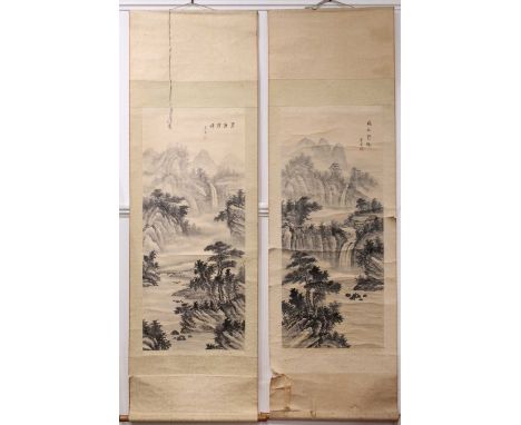 A pair of Chinese ‘landscape’ ink paintings, 20th century, each executed in monochrome ink on paper, depicting mountainous ri