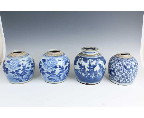 Four Chinese blue and white jars, Qing Dynasty, late 19th century. Comprising a pair of jars decorated with peony blossoms an