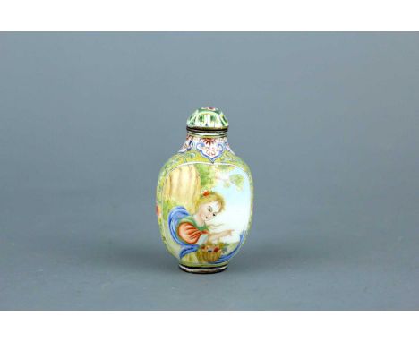 A Chinese painted enamel ‘ladies’ snuff bottle, Qianlong mark. Finely decorated in Western oil painting technique with Europe