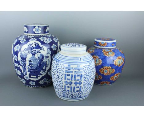 A group of three Chinese jars, 19th century to 20th century. Comprising a large blue and white ‘prunus and antiques’ jar with