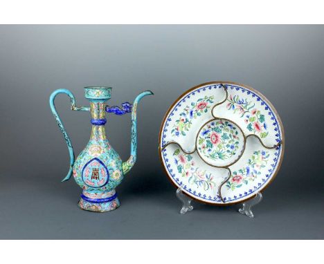 A Chinese canton enamel ewer together with a quatrefoil-sectioned serving dish, Qing Dynasty, 19th Century. With a bracket-sh