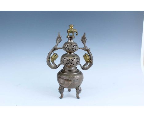 A Chinese white metal/bronze multilayered tripod censer, early 20th century, cast in three sections: the lower section with a
