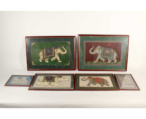 A group of six Indian paintings, 20th century. Comprising a pair of large paintings of caparisoned elephants (73×53cm), a pai