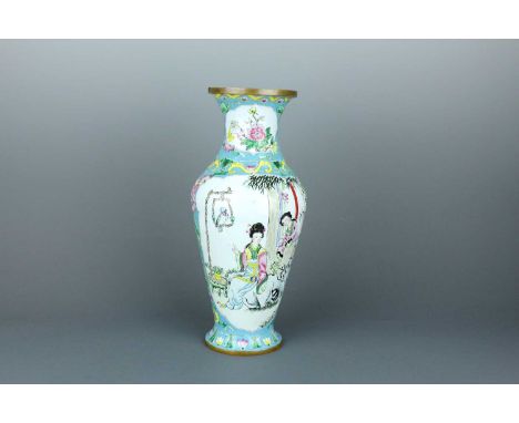 A Chinese Canton enamel ‘ladies’ vase, 20th century. Of baluster form, the main body is painted on one side with two ladies c