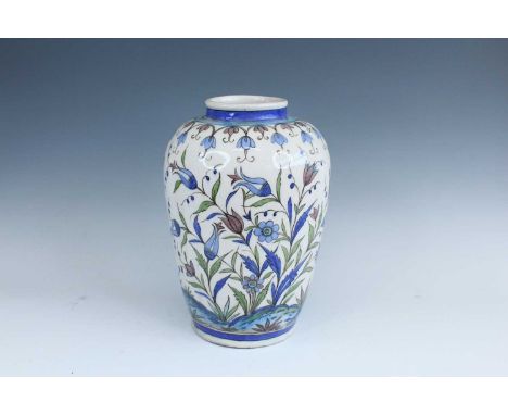 A large Persian pottery baluster vase, probably late 19th century. brightly painted in underglaze blue, green and brown with 