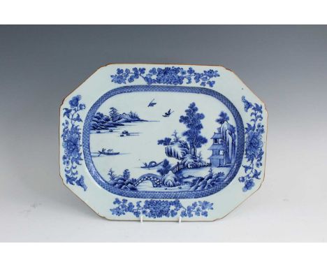 A Chinese blue and white serving dish, Qing Dynasty, Qianlong period (1736-1795), of octagonal form, finely painted with a ri