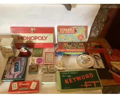 Vintage Toys and Games ; monopoly, Cluedo 1960s board games with metal playing pieces, 1960s childrens games and pre scrabble