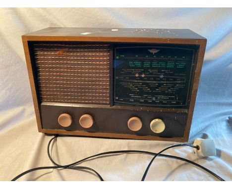 KB Radio with instructions, two tier table, framed Picture and wooden railed lined trunk.