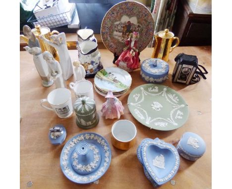 A large collection of ceramics, some with damage, to include Wedgwood jasperware 2 Royal Doulton ladies. and a figure called 