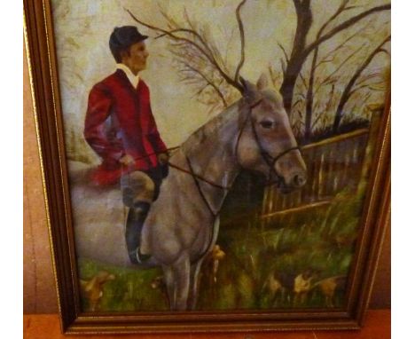 An Oil on board hunting scene dated and signed top right 1973, 48cm x 39cm and oval mirror and a butterfly print.