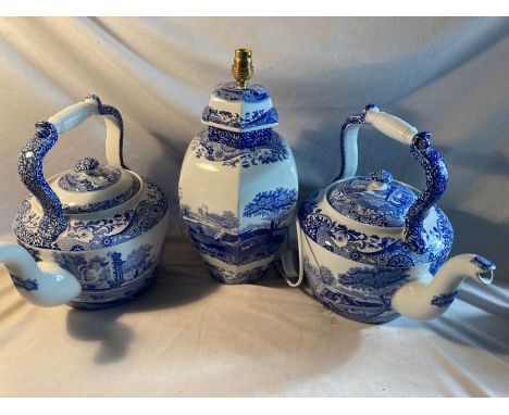 4 large Spode pieces, 2 9 pint tea pots one with small chip to spout, large lamp and Large Jug.