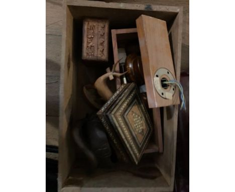 1 tray and 1 crate of treen items, figures, small boxes, plaques and others plus easel and green bagatelle board.