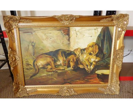 A signed oil on canvas, of dogs signed&nbsp; bottom left, inside frame measurements 50cm x 72 cm , a print and a wooden frame