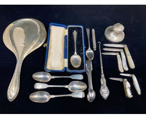 Selection of solid silver hall marked items, vanity mirror, 3 pocket knives with mother of pearl handles, (and two other) but