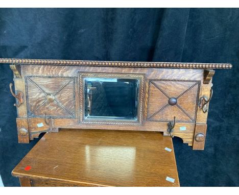 Wall mounted oak hall coat hooks with small mirrored panel.&nbsp; Nest of three oak occasional tables and Plant or lamp stand