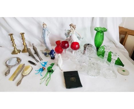 A plated dressing table set,&nbsp; a lladro figure + 2 nao figures, some&nbsp;glass ware and a pair of brass candle sticks an