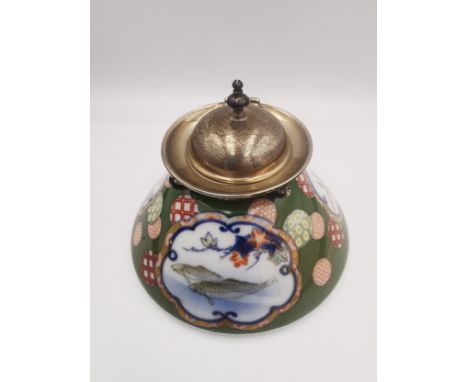 Fukagawa Seiji, an Edwardian silver topped hand painted Japanese porcelain conical inkwell. The body is painted with three ca