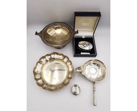 A collection of silver items, including two silver pill boxes, a silver floral form dish by Barker Ellis Silver Co, a Georgia