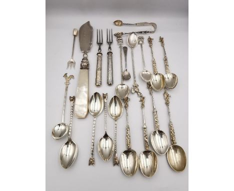 A collection of 19th and early 20th century silver and white metal cutlery, including a set of six Dutch 19th century apostle