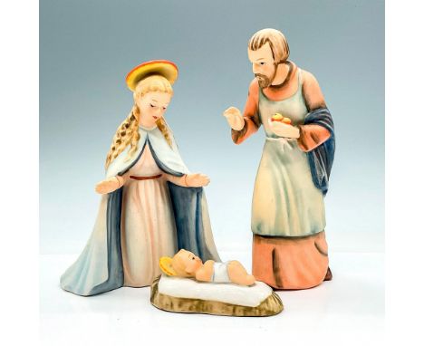 The Holy Family figurines from Goebel including Baby Jesus, Mary, and Joseph. Goebel backstamp. Largest piece measures 5.5"L 