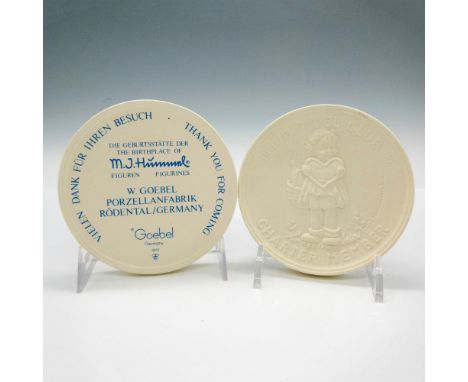 Impressed design of Merry Wanderer and Valentine Joy on M.I. Hummel Club Charter Member plaques commemorating 20 years 1977-1
