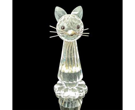 This delightful cat figurine is crafted from clear faceted crystal, featuring expressive black eyes with its wire coil tail a