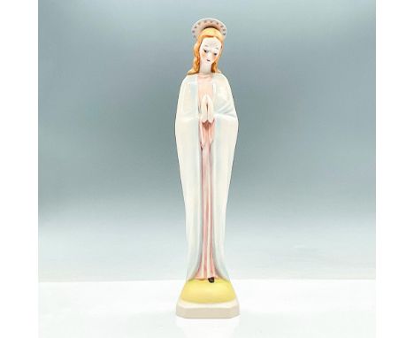 Praying Madonna figurine in pastel orange and green without halo. Goebel backstamp. 46/1 impressed underneath and Hummel impr