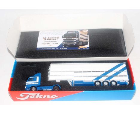 A Tekno 1/50 scale M Keys Transport model of a Scania 450 Streamline tractor unit with livestock trailer, limited edition exa