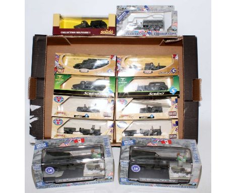 12 various boxed Solido mixed scale military diecast vehicles, examples to include GMC 353 Tourelle, a No. 6105 Military Jeep