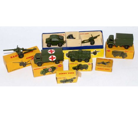 A large collection of various boxed Dinky Toy military diecasts to include a No. 697 25-pounder field gun, a No. 674 Austin C