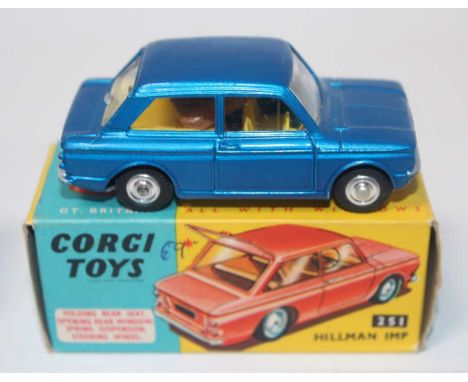 A Corgi Toys No. 251 Hillman Imp comprising of dark metallic blue body with yellow interior, luggage load and spun hubs, hous