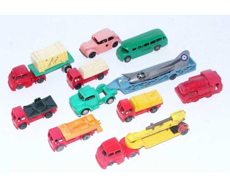 A  collection of various plastic Triang Minic commercial vehicles, saloons, etc to include RAF tractor unit and low loader tr