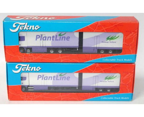 A Tekno 1/50 scale road transporter diecast group, both Plantline of Holland examples to include a Scania 144L/530 rigid trac