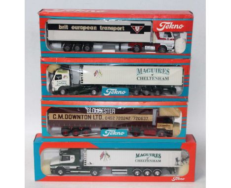 A Tekno 1/50 scale road transport diecast group, four examples to include a BET Britt Scania 142 tractor unit and box trailer
