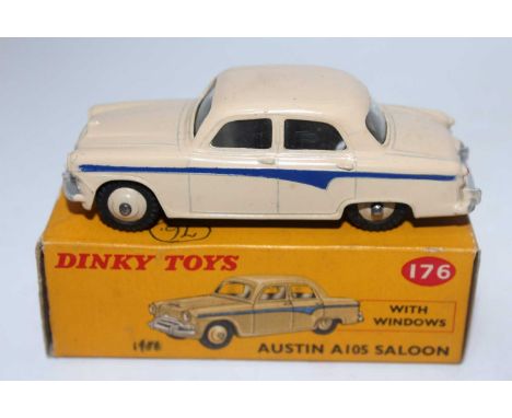 A Dinky Toys No. 179 Austin A105 saloon comprising of cream body with matching hubs and blue side flash housed in the origina