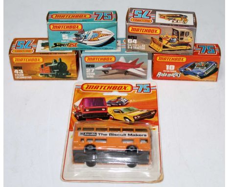 One tray containing six various boxed and carded Matchbox Superfast and Rollamatics issues diecast vehicles to include a Roll