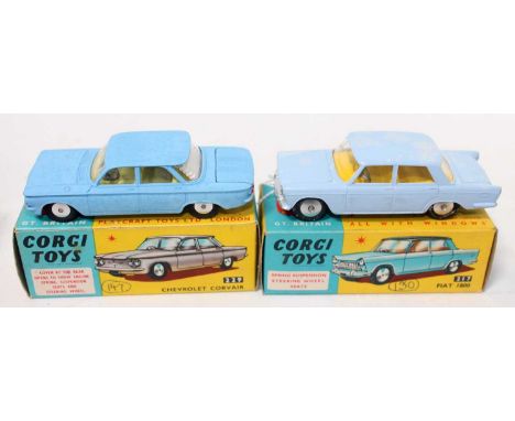 A Corgi Toys boxed saloon diecast group to include a No. 217 Fiat 1800 together with a No. 229 Chevrolet Corsair both housed 