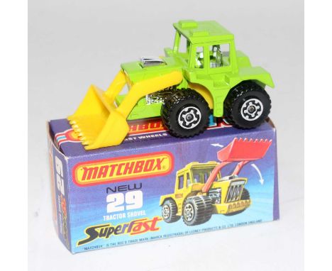 A Matchbox Superfast No. 29 tractor shovel finished in lime green with yellow shovel and yellow base, rare example from the G