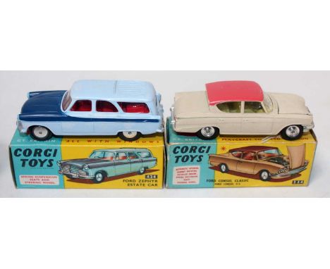 A Corgi Toys boxed saloon diecast group to include a No. 234 Ford Consul Classic finished in cream and pink with yellow inter