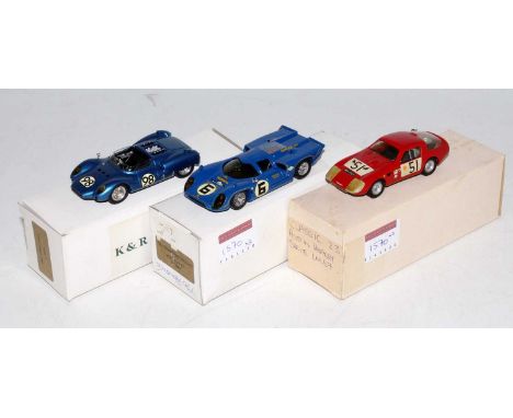 A K&amp;R Replicas and Classic Cars by Grand Prix Models 1.43 scale white metal and resin race car group to include a Grand P