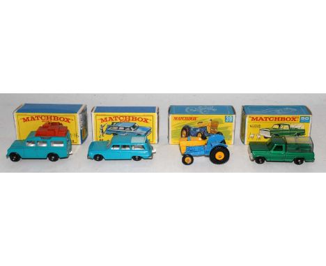 Four various boxed Matchbox 1/75 series diecasts to include No. 12 Safari Land Rover, a No. 39 Ford tractor, a No. 42 Studeba