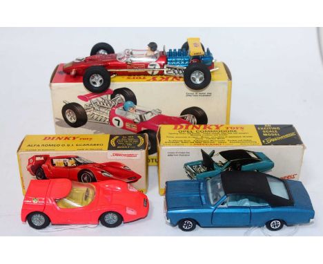 A Dinky Toys boxed saloon and race car group to include a No.  225 Lotus F1 race car (NM,BVG), together with a No. 179 Opal C
