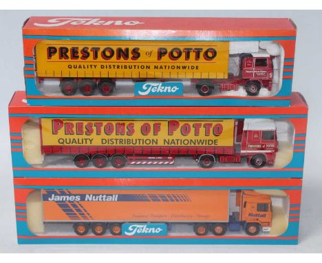 A Tekno 1/50 scale road haulage diecast group, three boxed as issued examples all from the British Collection to include a Pr